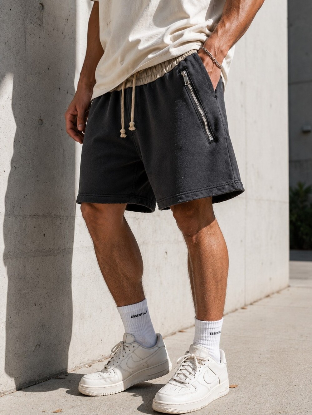 FOG Fear of God Essentials Sweat Shorts Zip Pocket Drawstring Charcoal